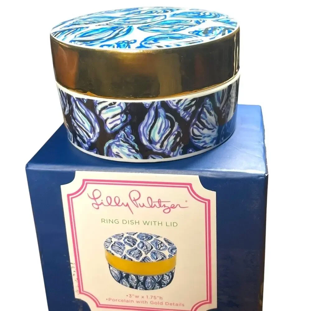 LILLY PULITZER Ring Box With Lid Blue Shell Design Gold Trim